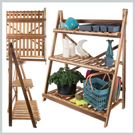 Háromszintes fa virágtartó állvány, összecsukható, széles kivitel 27400