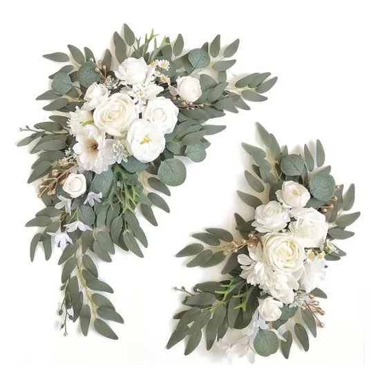 Selyemvirág dekoráció szett – 2 db fehér virágokkal, zöld levelekkel BV37768