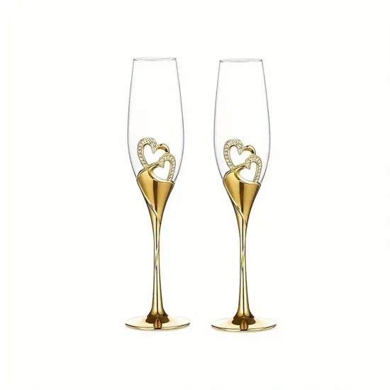 Esküvői pezsgőspohár szett arany  szív motívummal – 200 ml XK277624-a