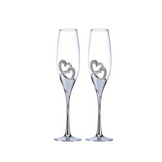 Esküvői pezsgőspohár szett ezüst szív motívummal – 200 ml XK277624