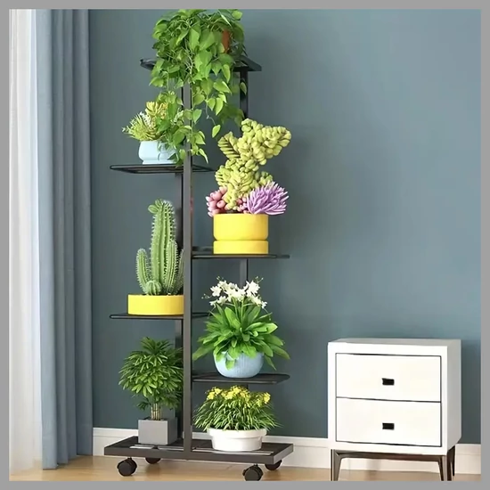 Beltéri/Kültéri fém virágtartó kerekekkel, 6 emeletes, fekete AF122560-c