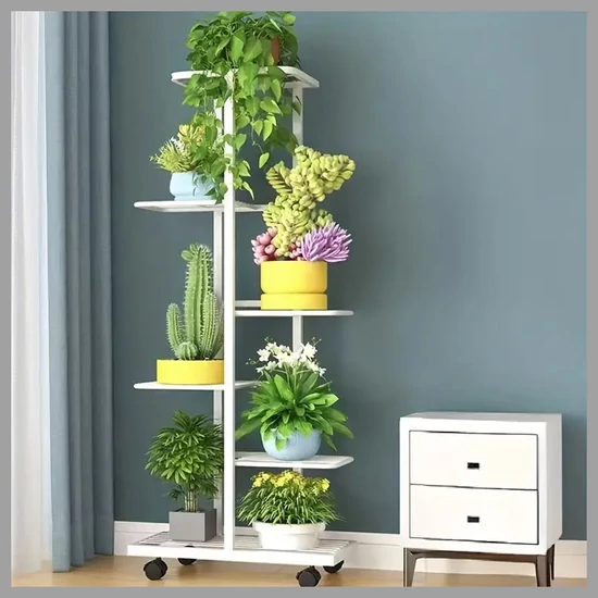 Beltéri/Kültéri fém virágtartó kerekekkel, 6 emeletes, fehér AF122560-d