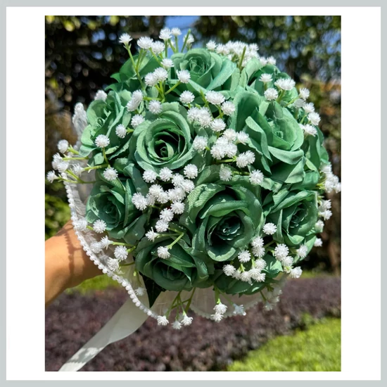 Esküvői menyasszonyi csokor –  zöld művirágból, szatén szalaggal 39965718g