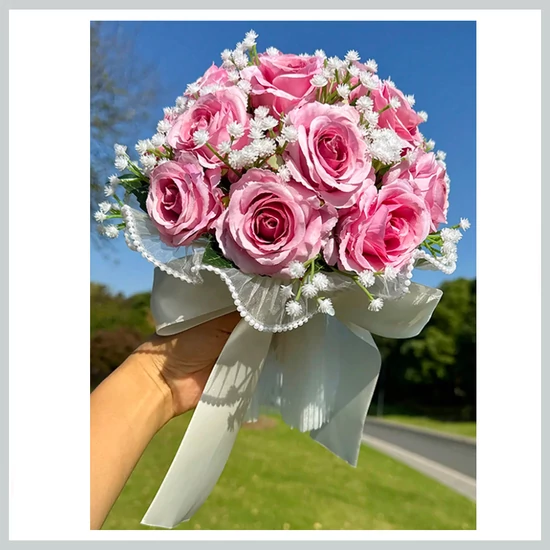 Esküvői menyasszonyi csokor –  pink művirágból, szatén szalaggal 39965718pi