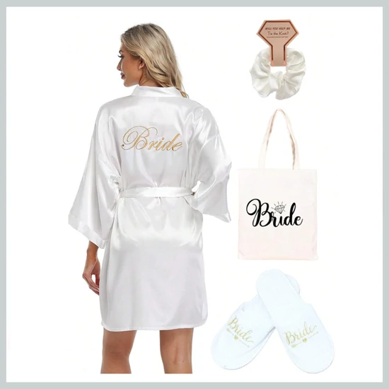 Bride ajándékszett menyasszonyoknak – köntös, papucs, vászontáska és hajgumi 40901407