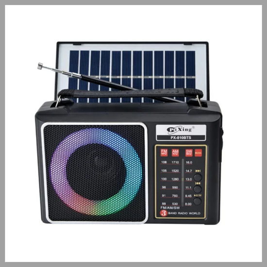 PuXing hordozható rádió – 3 sávos rádió + Bluetooth + napelem + LED fény PX-810BTS