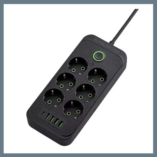 6 aljzatos hosszabbító, 3 USB + 1 Type-C porttal, 1.2m kábel, fekete F018U-BLACK
