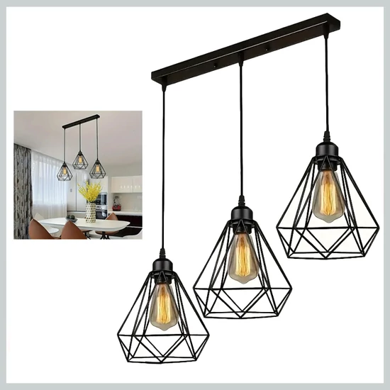 Loft stílusú 3 izzós retro függőlámpa – fekete fém vázzal KR1500199