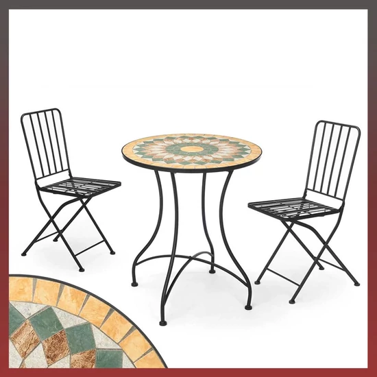 Okkersárga mozaik garnitúra asztal 2 kovácsolt székkel 10445