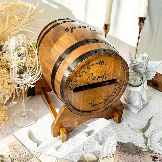 Dekoratív fa hordó kártyagyűjtő – „Cards” felirattal 012223