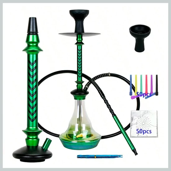 Prémium vízipipa szett – zöld-fekete alumínium testtel, teljes felszereléssel 69913816