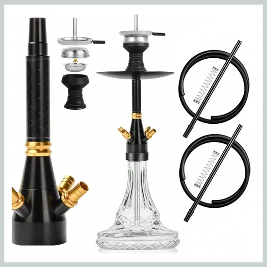 Dupla csatlakozós prémium vízipipa szett – fekete-arany 75279551