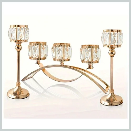 3 részes aranyszínű kristály gyertyatartó szett 75873740