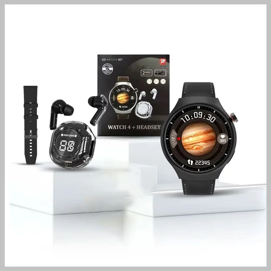 D21 fekete okosóra készlet- Okosóra, vezeték nélküli fülhallgató, szilikon és bőr szíj holm0642