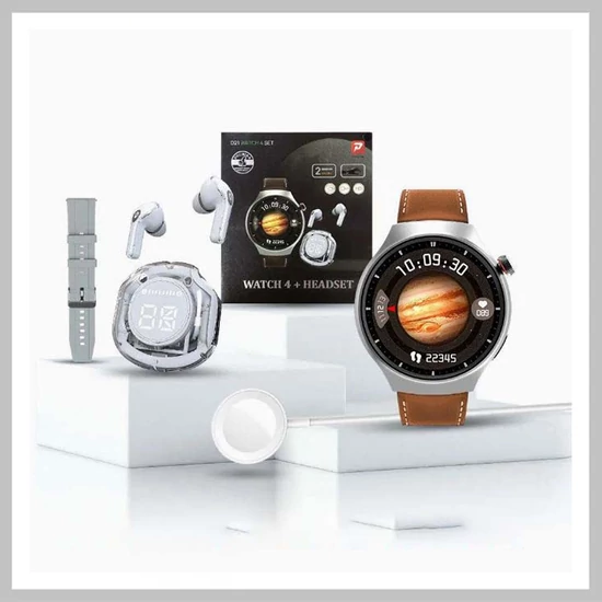 D21 okosóra ezüst készlet - Okosóra, vezeték nélküli fülhallgató, szilikon és bőr szíj holm0643