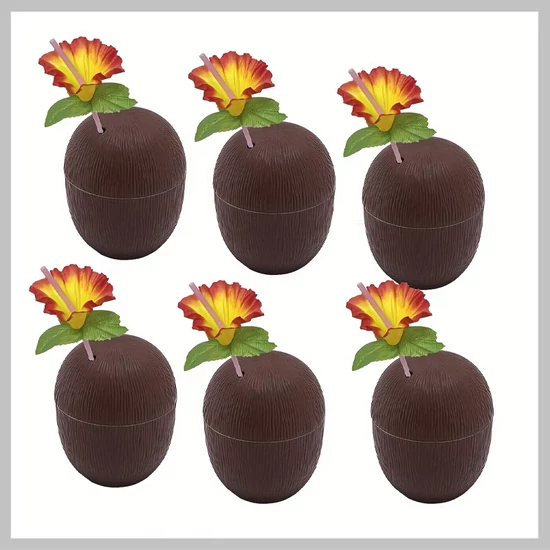 Trópusi kókuszdió pohár – 6 darabos szett hibiszkusz virággal és szívószállal FA2540717