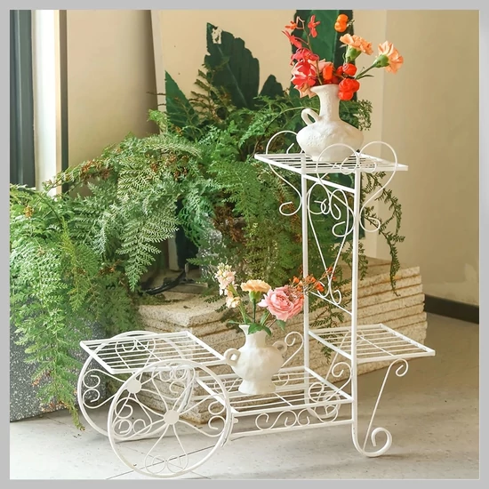 Vintage kocsi formájú fém virágcserép állvány fehér– 68 x 68 cm EQ124420-2