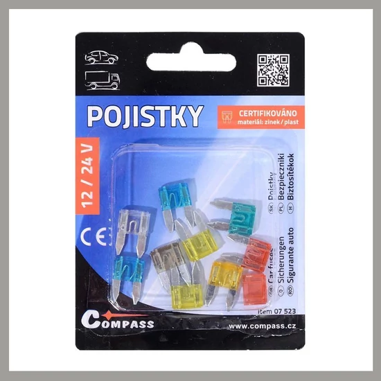 Compass Autós Biztosíték Készlet – 10 Darabos, Színes Mini Lapátbiztosítékok 12/24V-hoz 07523