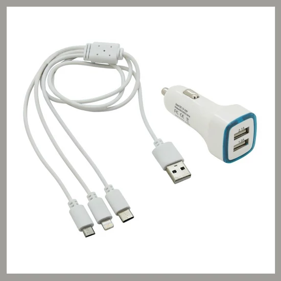 Dupla USB Autós Töltő + 3 az 1-ben Töltőkábel – Micro USB, USB-C, iPhone Kompatibilitás 07683