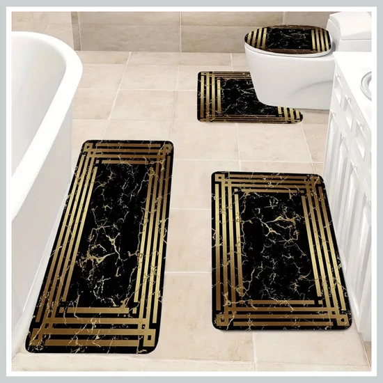 Luxus fürdőszobai szőnyeg szett – 4 részes, fekete-arany márvány mintával RJ1619452