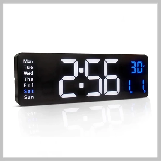Műanyag Digitális Fali Óra – 40 cm LED Kijelző, Dátum, Hőmérséklet, Távirányító – Kék-Fehér – 6286408
