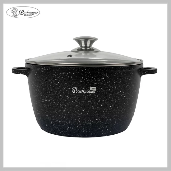 BACHMAYER Tapadásmentes vastagfalú magas lábas üveg fedővel – 24 cm, fekete, 6 liter – BM-7885-24