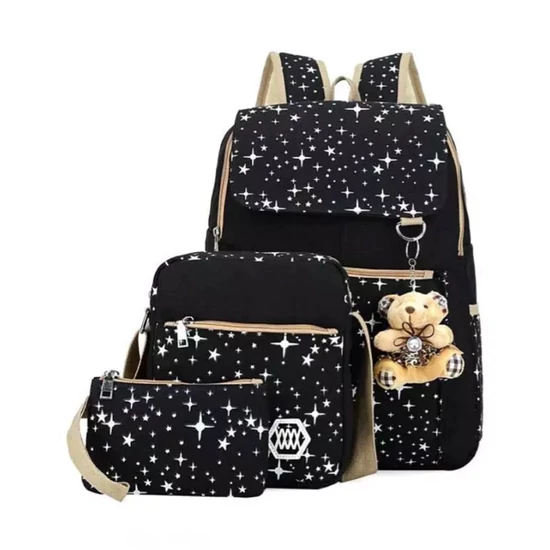 Csillagos iskolatáska szett – 3 részes, Fekete KBL-1143-01-F