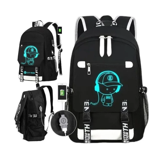 Ifjúsági iskolai hátizsák USB csatlakozóval és sötétben világító grafikával – PL157