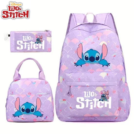 Disney Stitch 3 részes iskolatáska szett – Hátizsák, uzsonnás táska és tolltartó - LILA  AV2563257-L