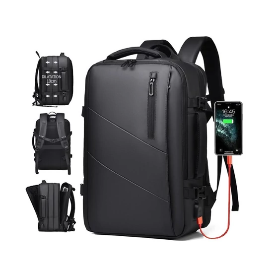 Vízálló utazó hátizsák USB csatlakozóval – kézipoggyász repülőgépre - fekete PL182