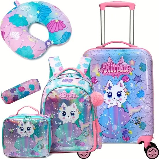 6 részes gyermek utazó szett gurulós bőrönddel QC2814725-kitten