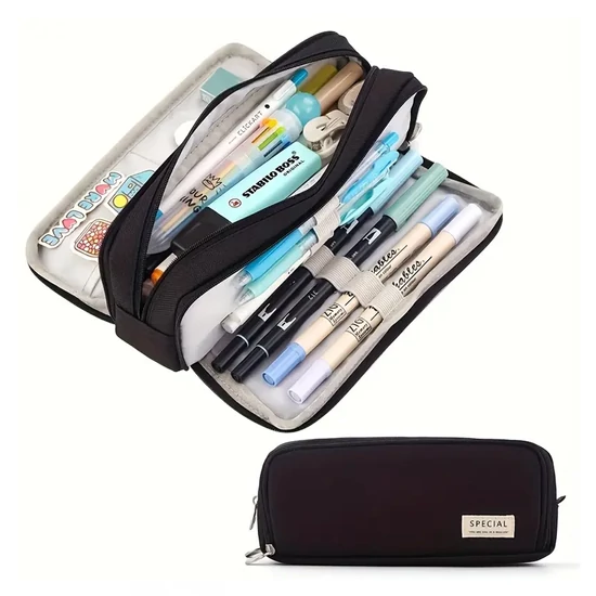 Divatos Többrétegű Dupla rekeszes Tolltartó, Fekete DK1514948-F