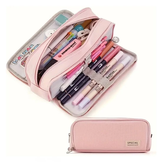 Divatos Többrétegű Dupla rekeszes Tolltartó, Pink DK1514948-P