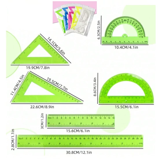 6 részes geometriai vonalzókészlet szögmérővel  többféle színben 121928660