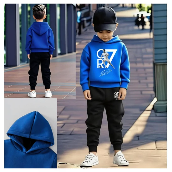 2 részes CR7 focista mintás kapucnis pulóver és melegítőnadrág szett – Kék QP4086256-K