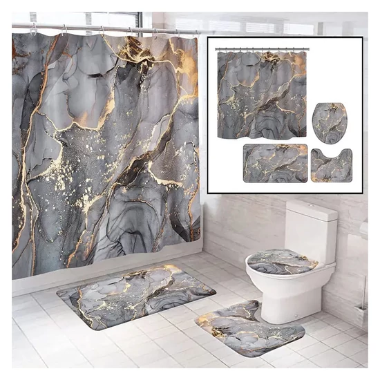 Szürke márvány mintás fürdőszobai szett – zuhanyfüggöny és szőnyegek YC2044879