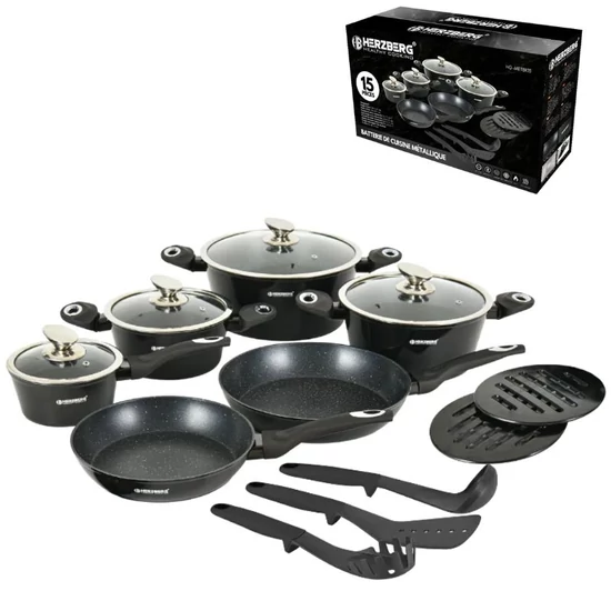 Herzberg 15 részes márványbevonatú edénykészlet metál fekete HG-METBK15
