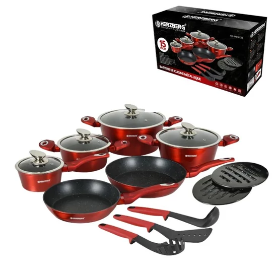 Herzberg 15 részes márványbevonatú edénykészlet (fényes piros) HG-METRD15