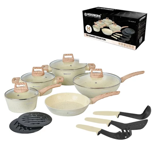 Herzberg  14 részes gránitbevonatú edénykészlet fa hatású fogantyúkkal fehér HG-WDBEJ14