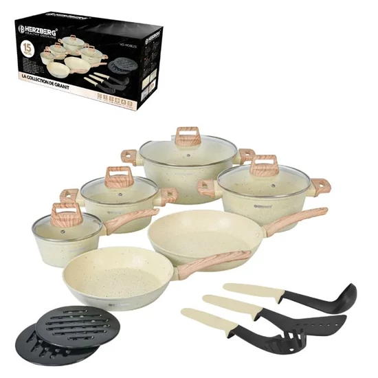 Herzberg 15 részes gránitbevonatú edénykészlet fa hatású fogantyúkkal fehér HG-WDBEJ15