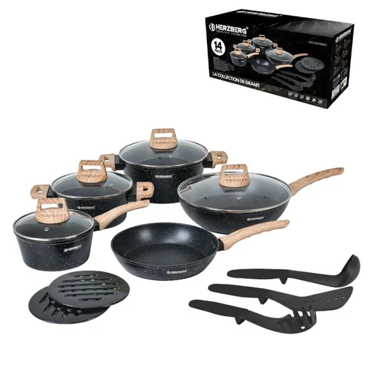 Herzberg  14 részes gránitbevonatú edénykészlet fa hatású fogantyúkkal fekete HG-WDMRB14