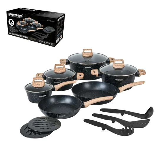 Herzberg 15 részes gránitbevonatú edénykészlet fa hatású fogantyúkkal fekete HG-WDMRB15