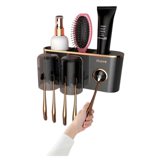 Falra szerelhető fogkefetartó fogkrém adagolóval - Kicsi Fekete LH13115-4