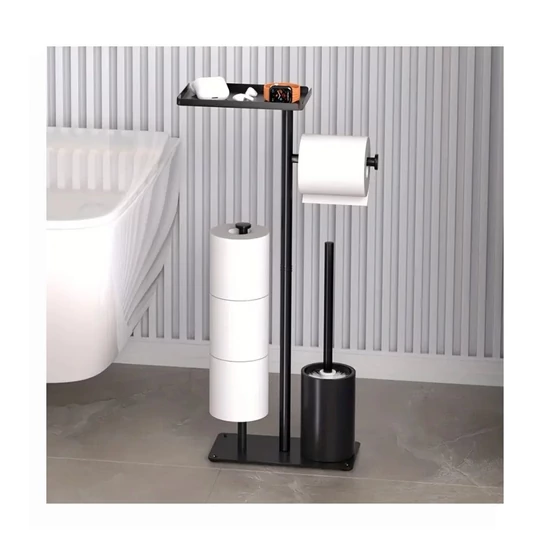 Fürdőszobai szabadon álló WC-papír tartó tárolópolccal és WC-kefével – YW410105