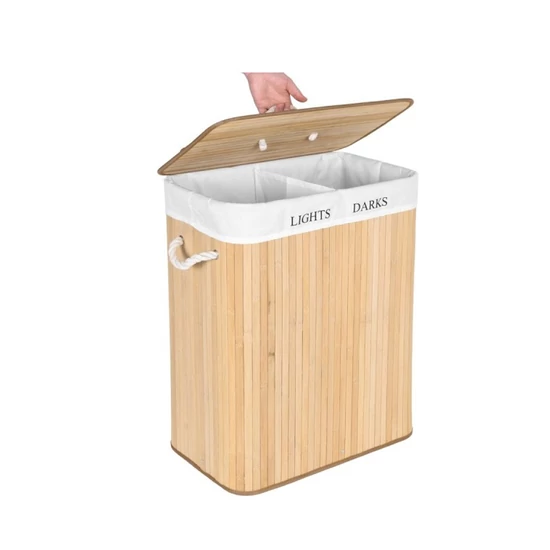 Önálló bambusz szennyestartó fedéllel, 2 rekesszel, 100 l POJ07