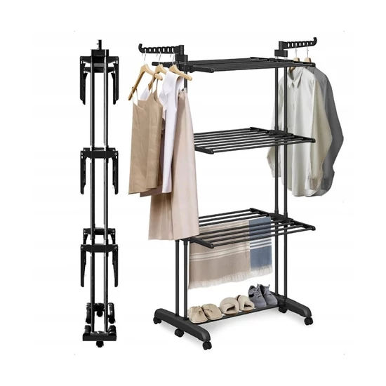 Nagy méretű, függőleges, összecsukható, álló, fekete színű ruhaszárító SU02CZ