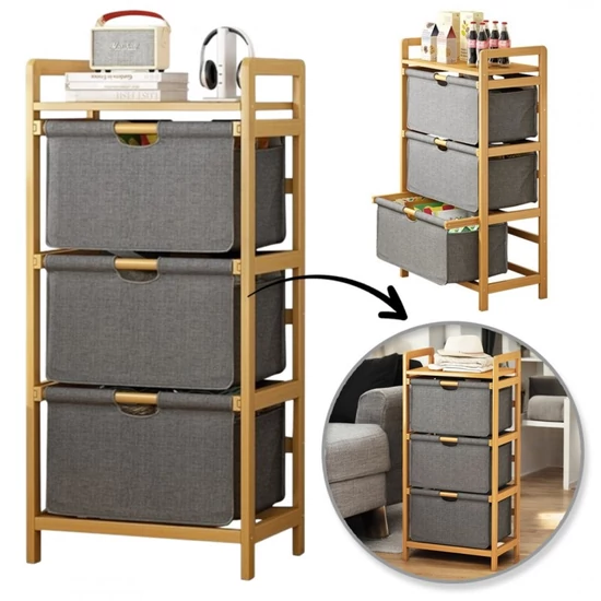 Bambusz polc, szekrény textil fiókokkal 32 × 45 × 96 cm SZ43