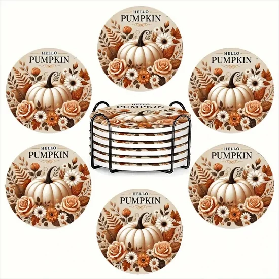 6 darabos őszi kerámia alátét szett – sütőtök és virág mintával PU2393247