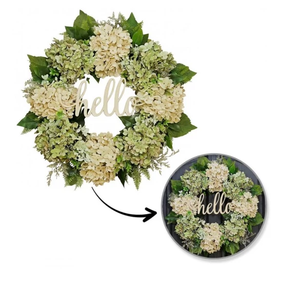 Őszi ajtódísz koszorú – hortenziákkal, „HELLO” felirattal, WSN29 WSN29
