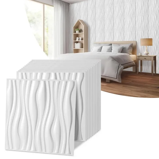 3D falpanel szett – fehér hullám, PVC, 50 × 50 cm 12 db 15173XV32-hfh5